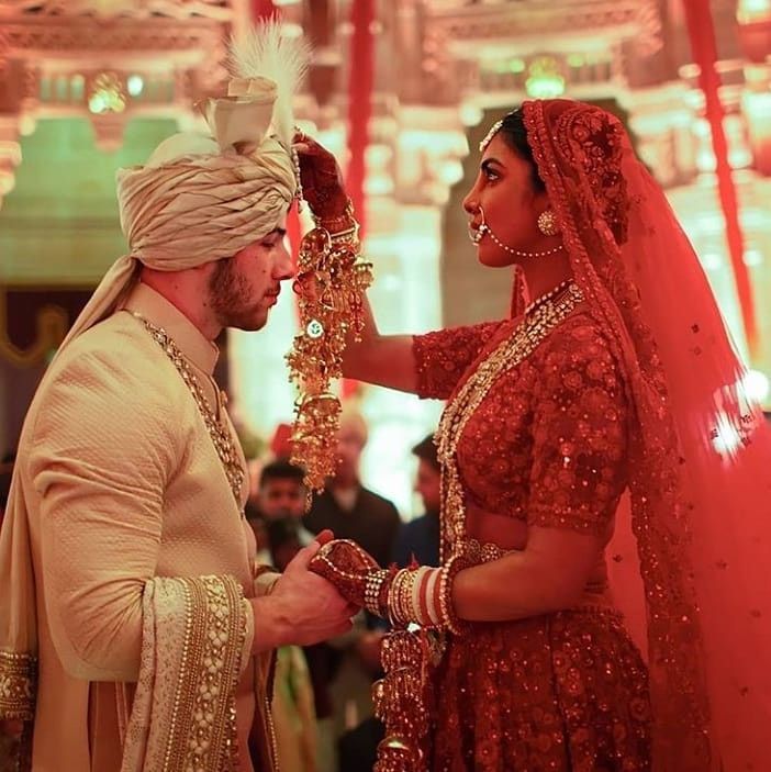 Priyanka Chopra Wears Red Sabyasachi Lehenga for Hindu Wedding Ceremony
